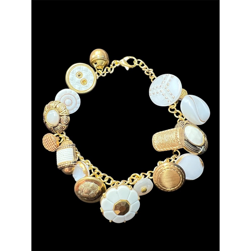 Vintage Button Charm Bracelet: White and Gold Buttons With Gold Chain‎ - 8 Inch